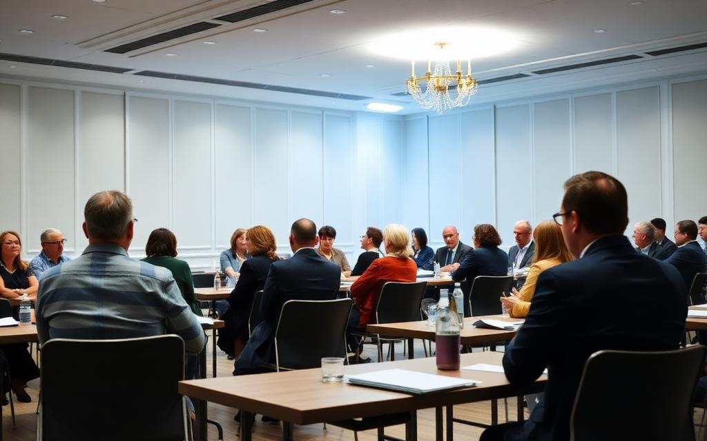 Copropriétaires réunis en assemblée générale dans une salle claire