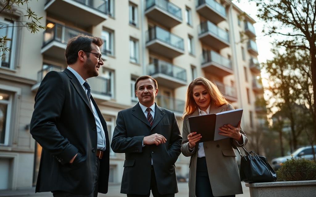 Membres d'un conseil syndical échangeant devant leur immeuble